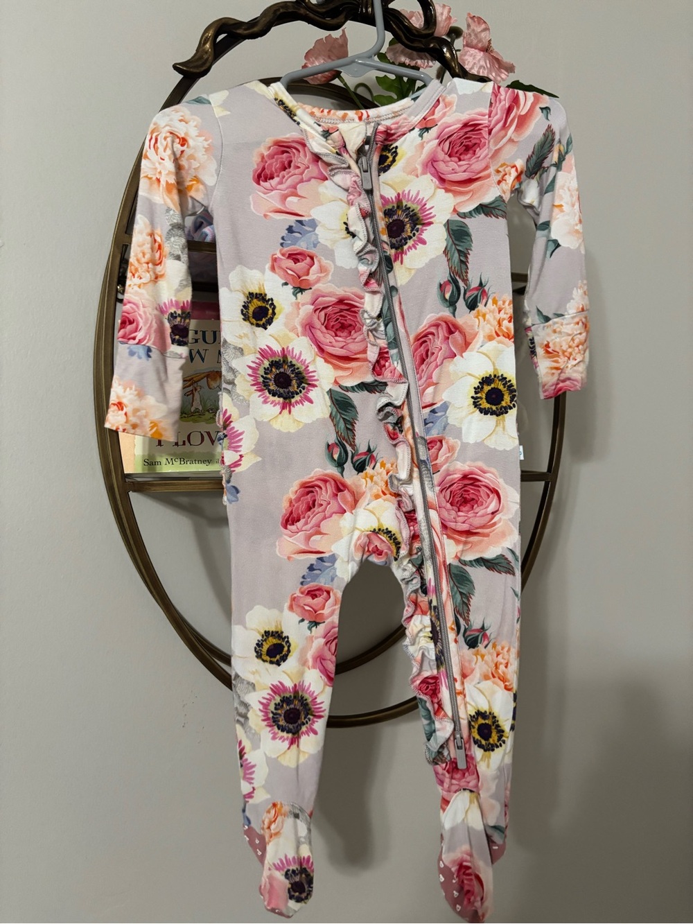 Posh Peanut Pink Floral Ruffle Zip Footed One-Piece